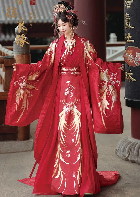 Women 3-Piece Wedding Hanfu Crane Feather Embroidered Red Plus Size| HANFUBAO