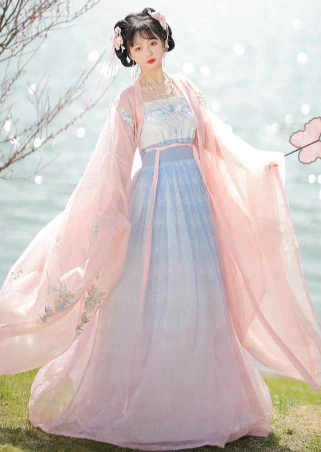 Women’s 4-Piece Daily Hanfu Dress Set Aqua Blue Plus Size | HANFUBAO