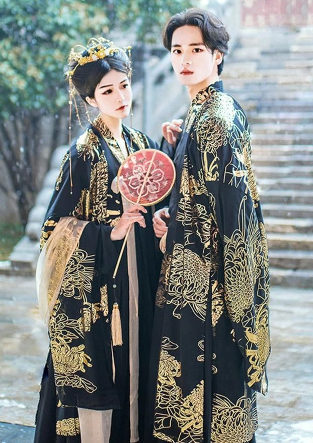 Men Modern Hanfu Couple Set Black Gold Daisy  Daily Wear | HANFUBAO