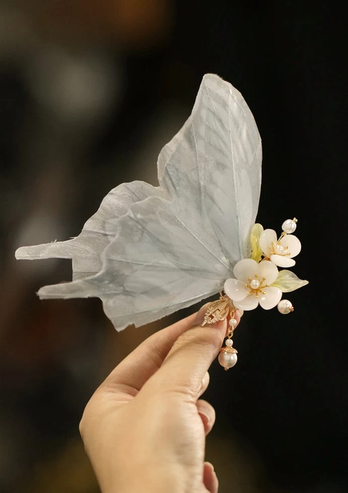 Women Feather Butterfly Hair Clip Faux Pearls Party Hanfu Accessory | HANFUBAO