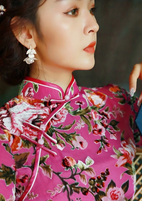 Women Velvet Modern Hanfu Qipao Cheongsam Pink Rose | HANFUBAO