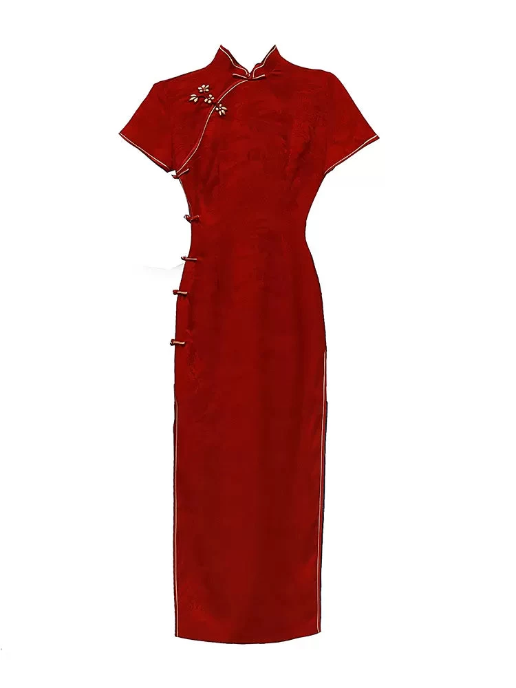 Women’s Acetate Satin Modern Hanfu Qipao Dress Wine Red | HANFUBAO