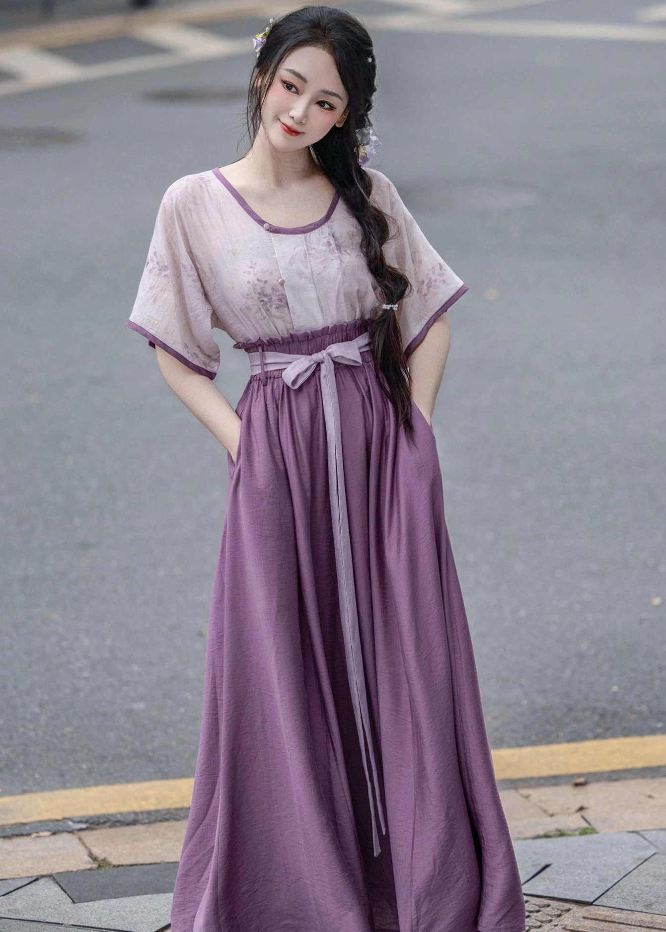Women Viscose-Nylon Modern Hanfu 2-Piece Set Purple Wisteria | HANFUBAO