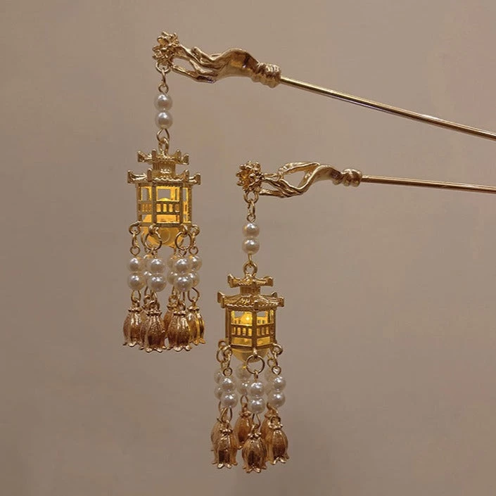 Women Pavilion Lantern Tassel Hairpin Gold Faux Pearl Metal| HANFUBAO