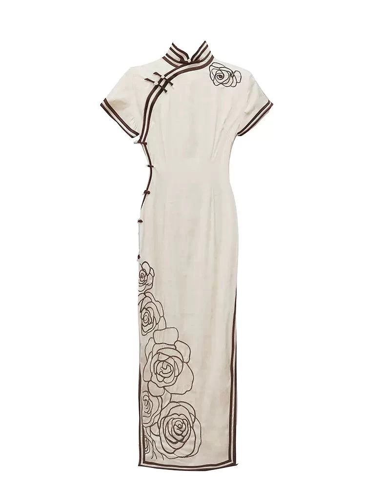 HANFUBAO | Women Acetate Jacquard Qipao Dress Evening Party White Rose Print S-4XL