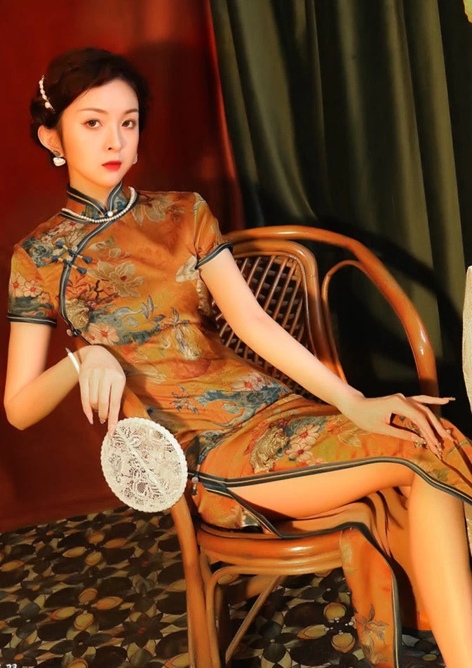 Women Modern Hanfu Gambiered Gauze Yellow Printed Qipao Dress | HANFUBAO