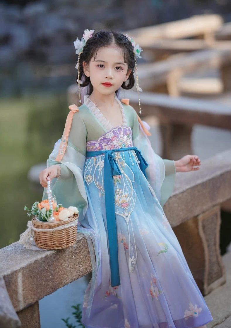Girls Daily Hanfu Chiffon Pink Flower Embroidered Dress | HANFUBAO
