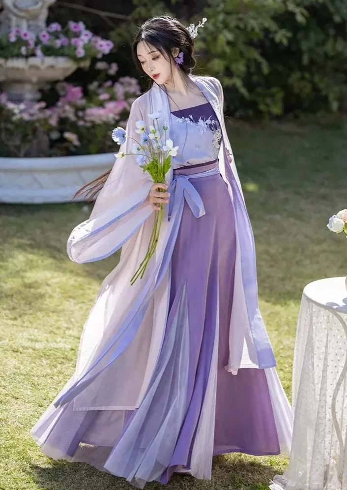 Women's 3-Piece Iris Floral Daily Hanfu Set, Artificial Silk Blend | HANFUBAO