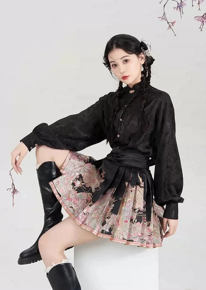 Women's Modern Hanfu Ma Mian Skirt Peach Phoenix Embroidery| HANFUBAO