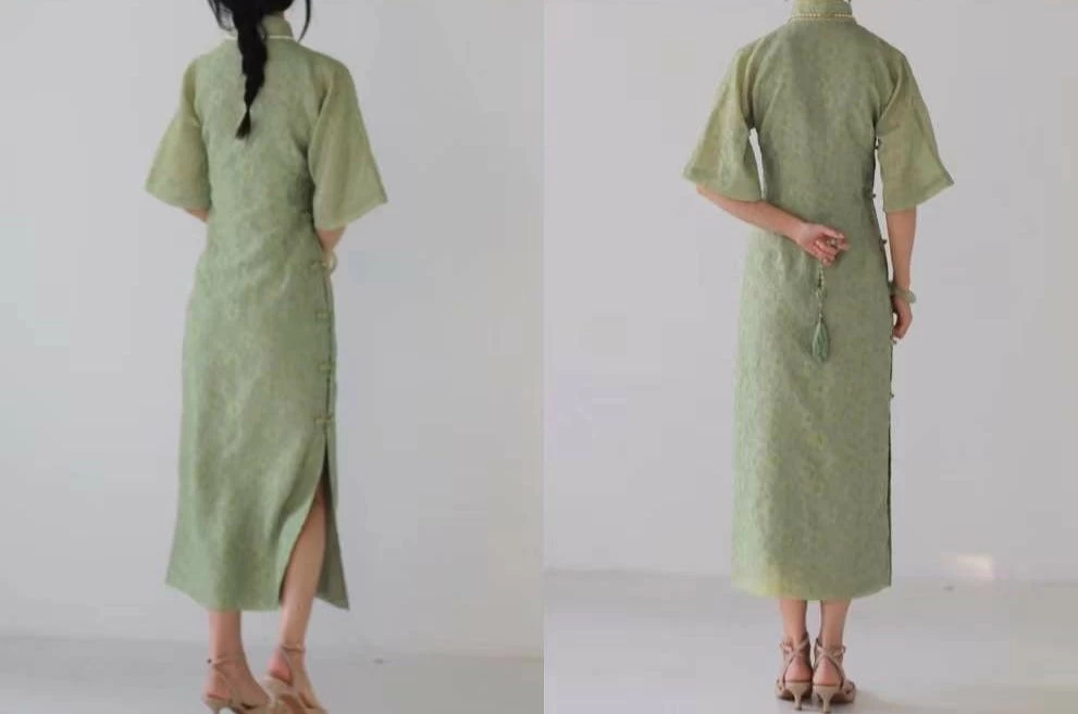 Women's Vintage Green Mandarin Collar Qipao Dress, Polyester-Rayon | HANFUBAO