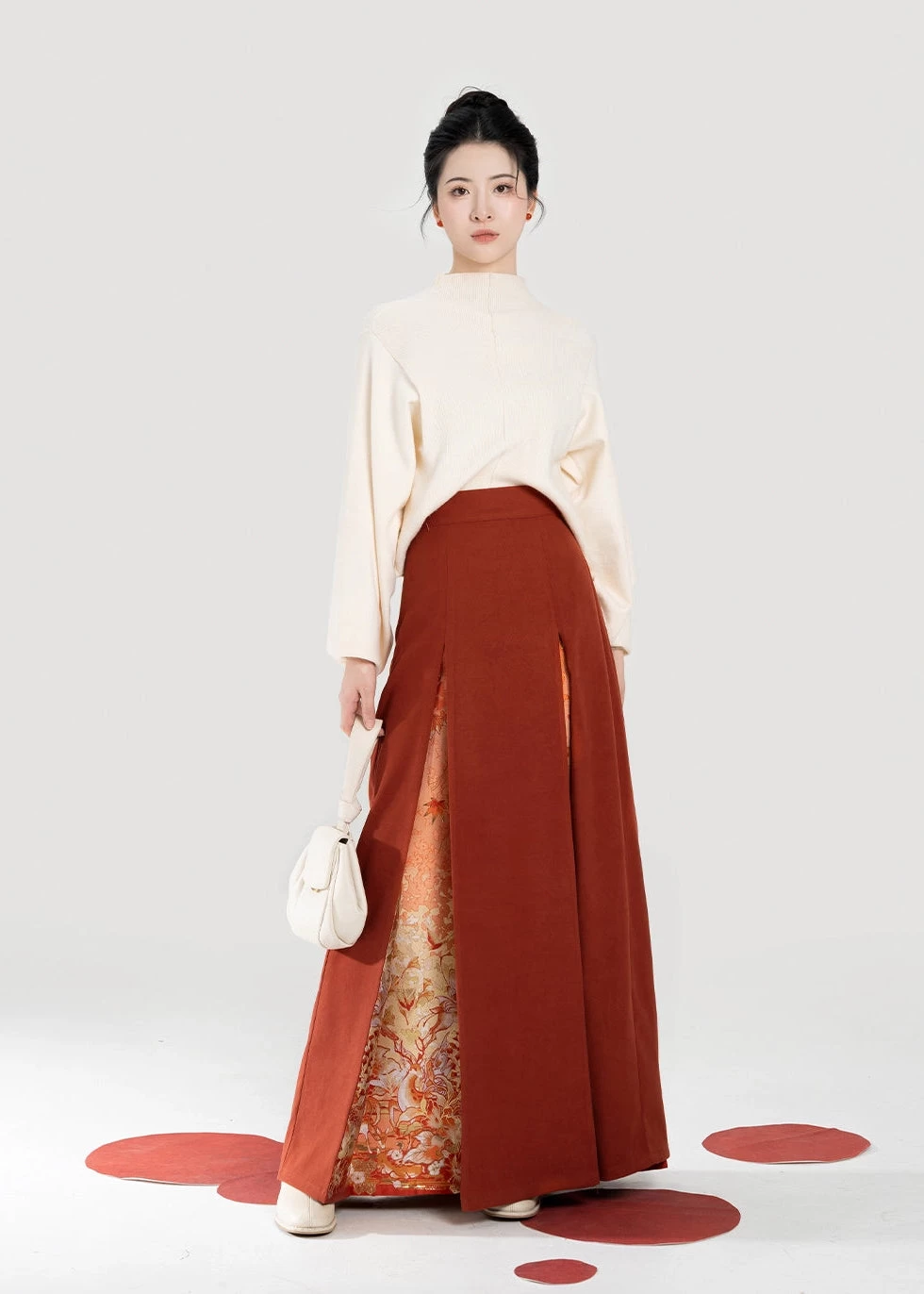 Women’s Modern 2-Piece Daily Hanfu Sweater & San Jian Skirt Set Maple Orange | HANFUBAO