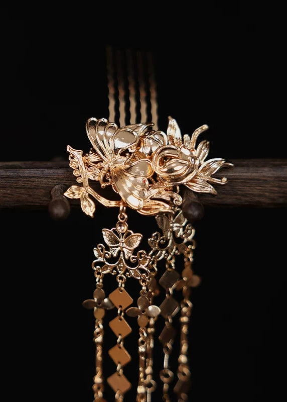 Women Flame Bird Tassel Hairpin Pair Gold Metal Hanfu Wedding Party | HANFUBAO