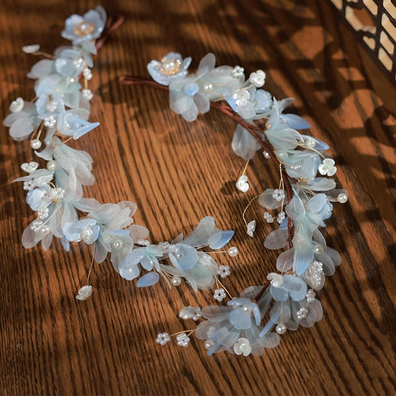 Women Hanfu Yarn Flower Hair Pieces & Earrings Set Snow White Orchid | HANFUBAO