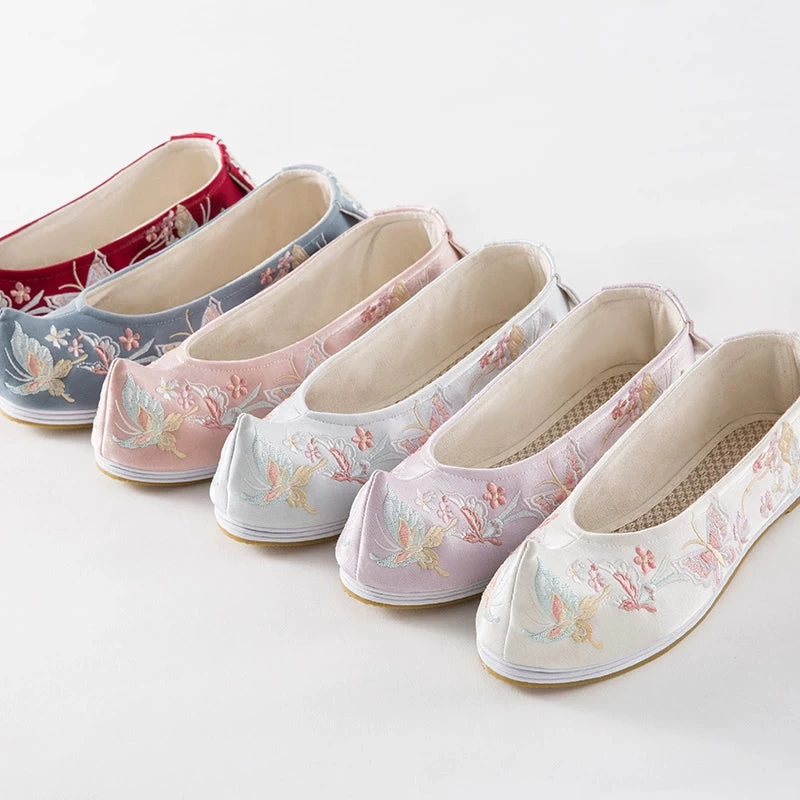 Women Blue Butterfly Floral Embroidered Canvas Shoes for Daily Wear | HANFUBAO