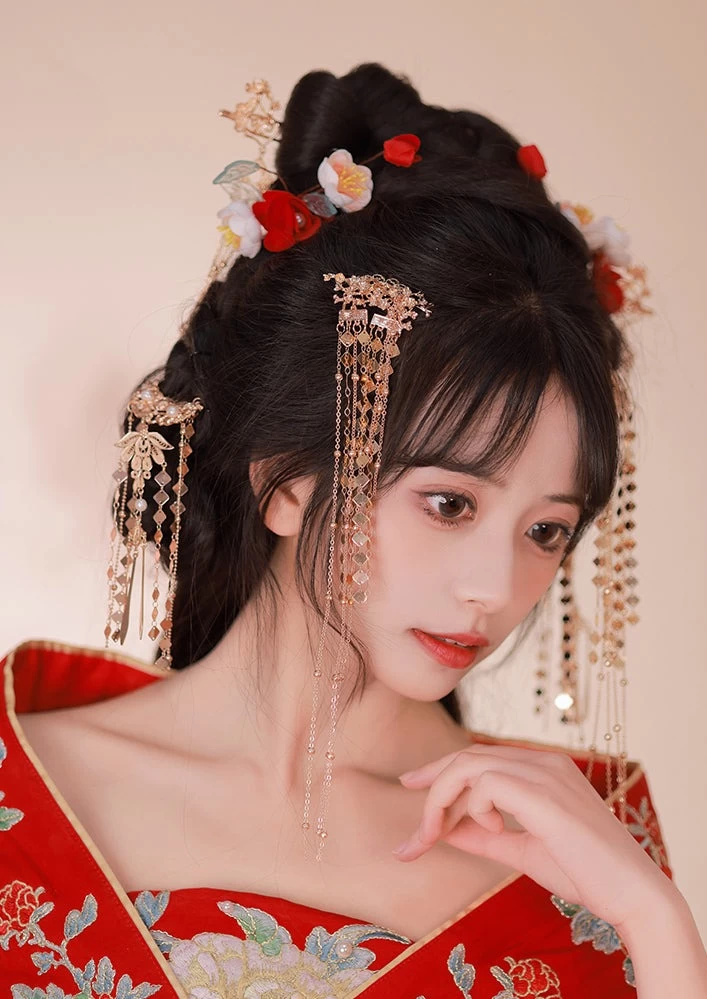 Camellia 6pcs Floral Hanfu Hairpins for Daily Styling, Yarn & Metal 10cm| HANFUBAO