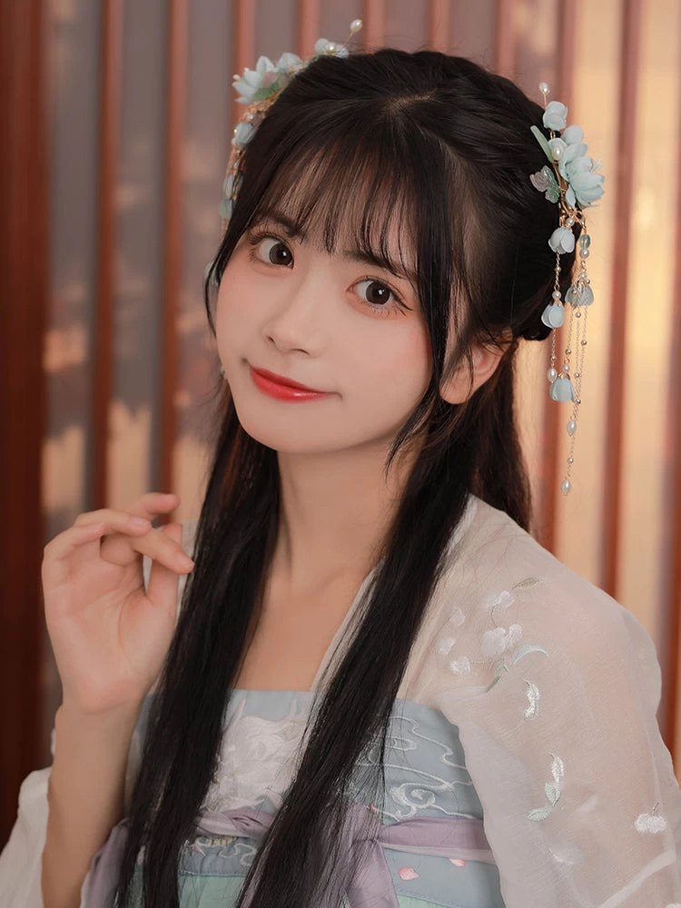 Women's Hanfu Floral Yarn & Faux Pearl Hair Clips for Festivals 9cm | HANFUBAO