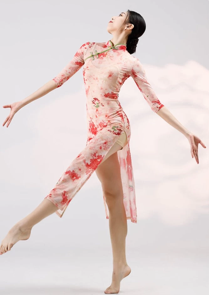 Women Modern Hanfu Stretch Dance Dress Set Rose Deer Print| HANFUBAO