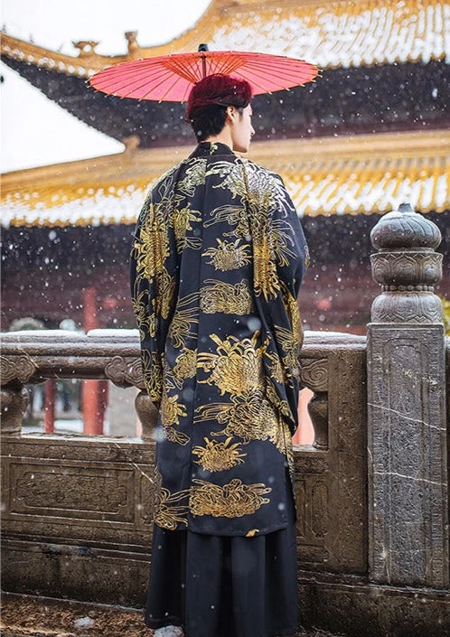 Women's Modern Hanfu Set Black Gold Daisy Embroidered  | HANFUBAO