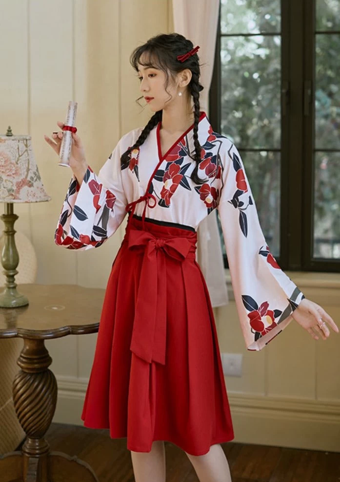 Women Modern Daily Hanfu Short Dress Camellia Red/Black  Plus Size | HANFUBAO