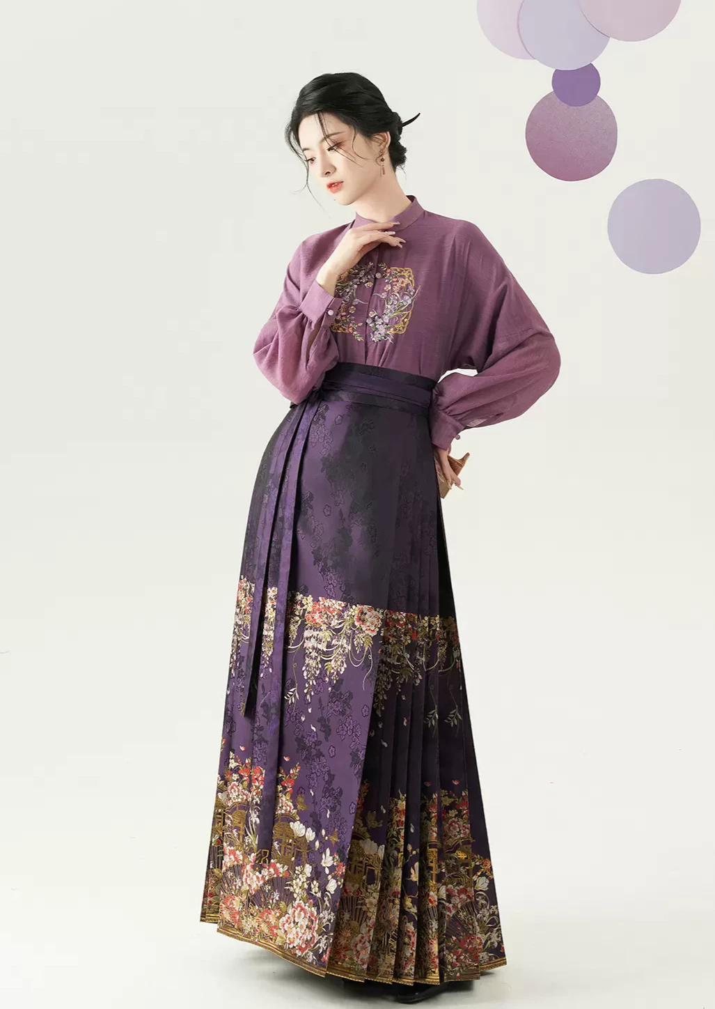 Women Modern Hanfu Linen Blend Spring Ma Mian Skirt Set Green Floral | HANFUBAO