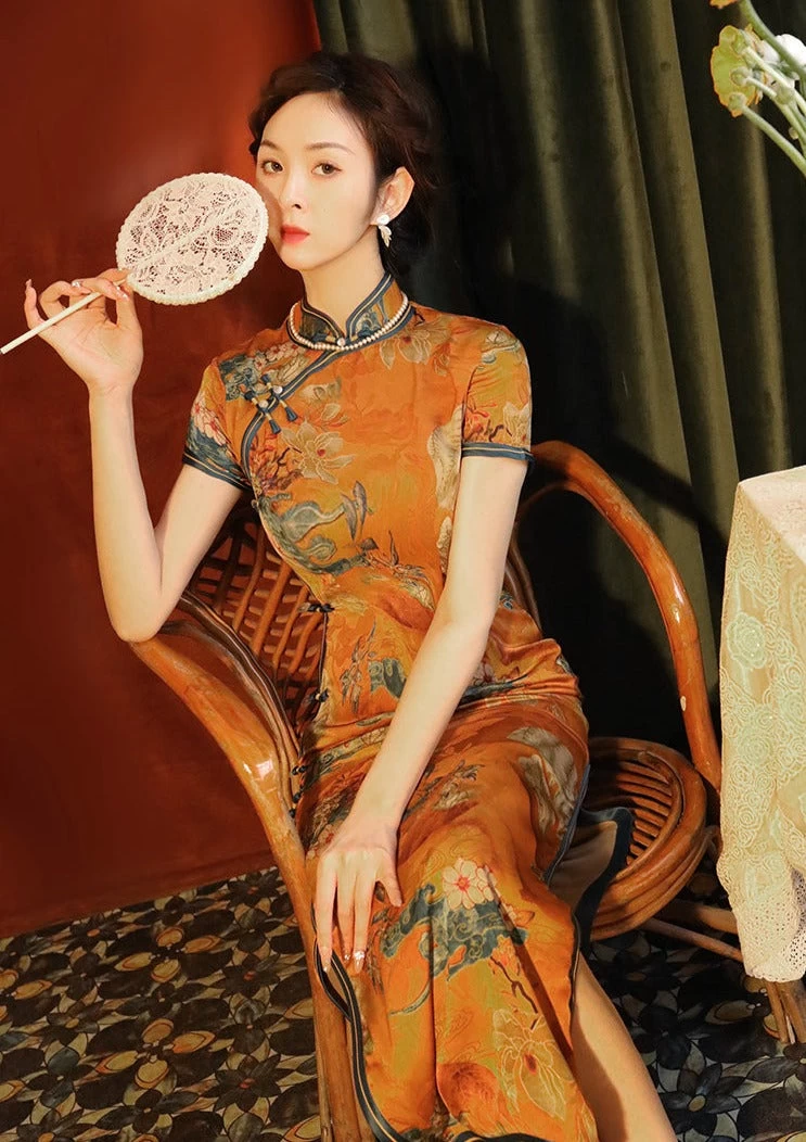 Women Modern Hanfu Gambiered Gauze Yellow Printed Qipao Dress | HANFUBAO
