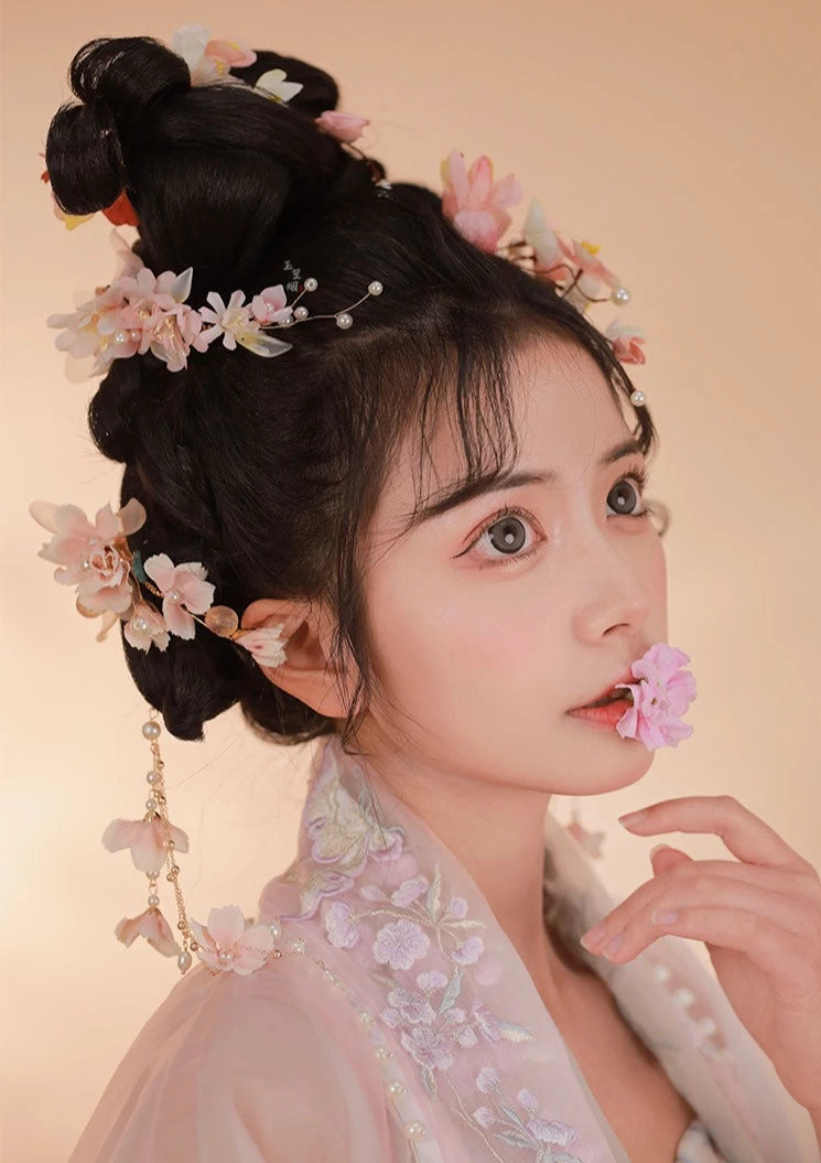 Women Crabapple Flower Yarn & Faux Pearl Hanfu Hair Clips Set (2pcs) | HANFUBAO