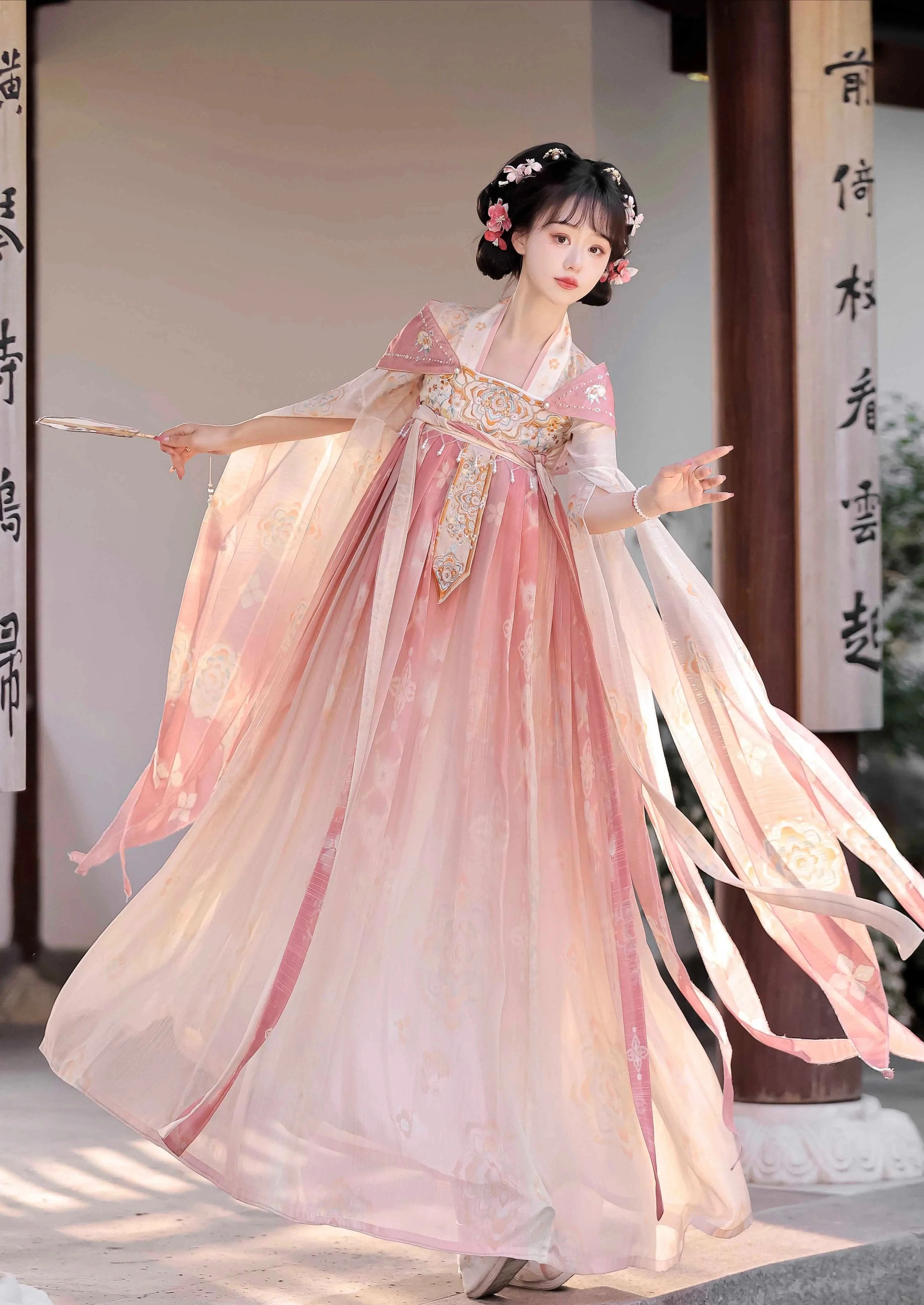 Women Tang Embroidered Chiffon Hanfu 3-Piece Set Skirt+Sleeves+Shawl| HANFUBAO