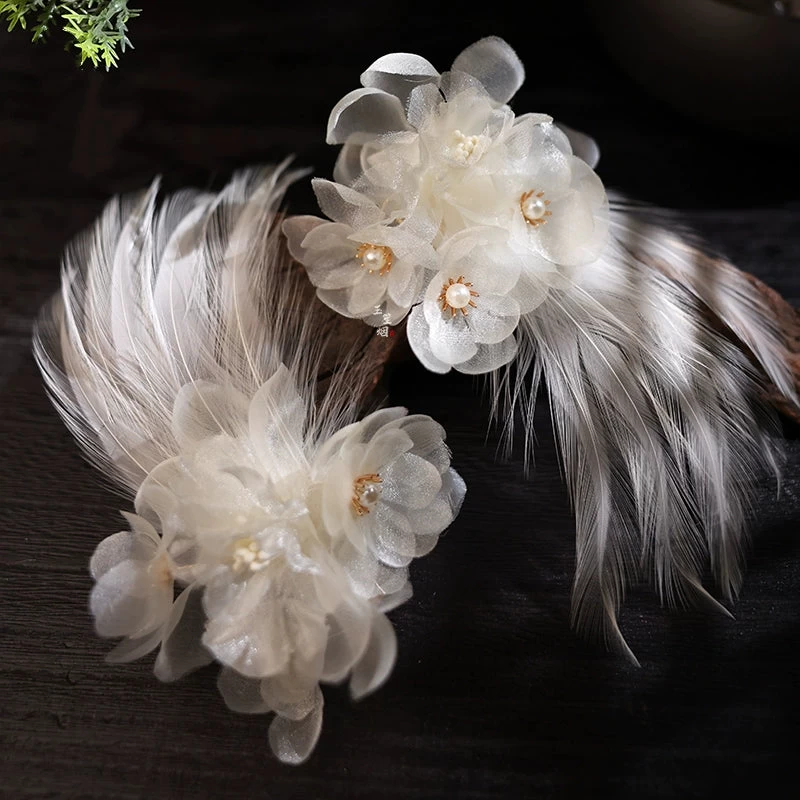 HANFUBAO | Women Shrink Plastic Hanfu Hair Clips Pair White Crane Floral Feather