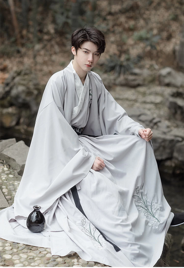 Men's Daily Hanfu Set White Orchid Embroidery Yarn  Plus Size | HANFUBAO