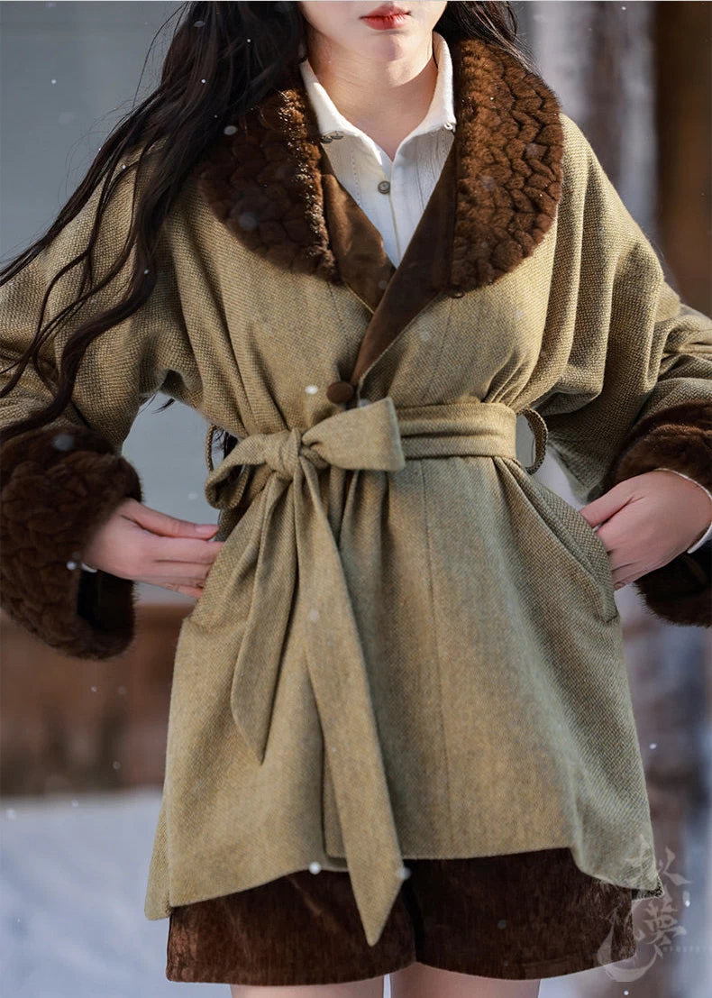 HANFUBAO | Women Wool-Blend Modern Hanfu 3-Piece Winter Set Khaki S-XL