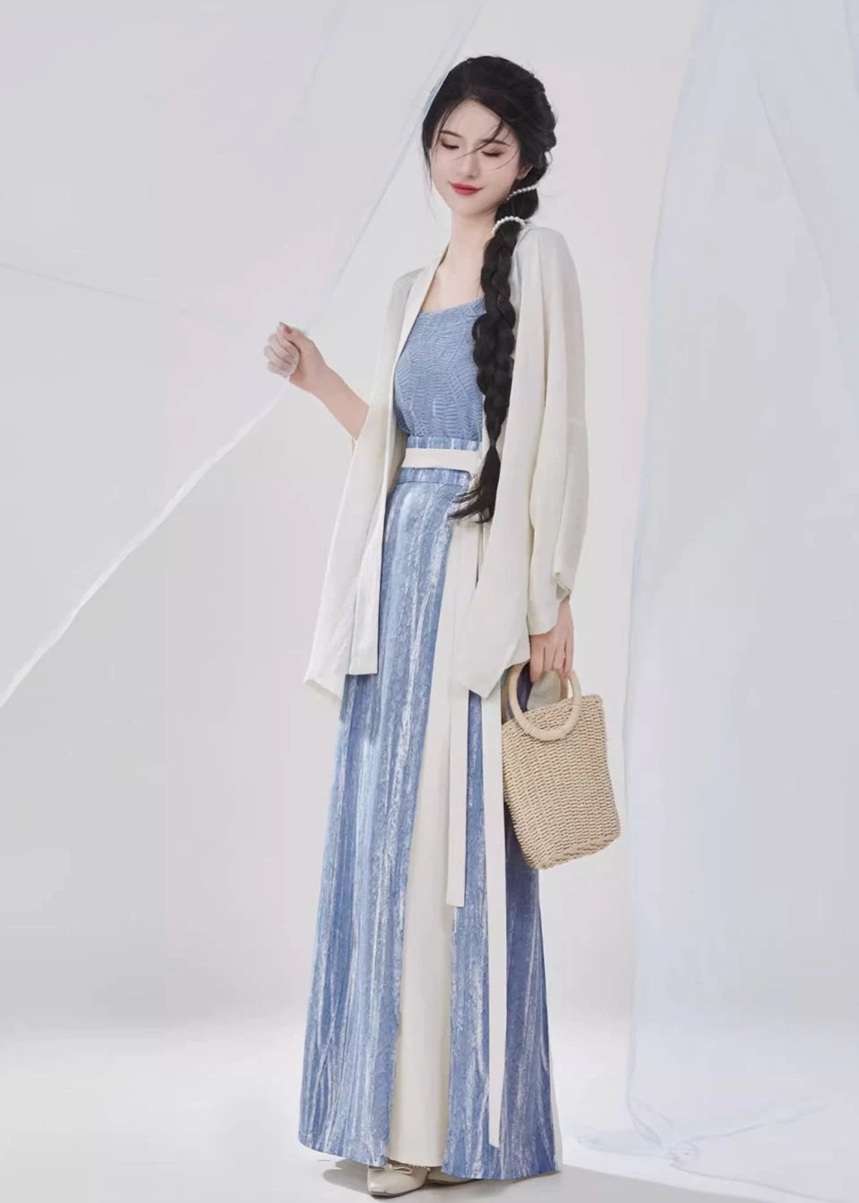 Women Modern Chiffon Hanfu 3-Piece Set Sea Breeze Blue | HANFUBAO