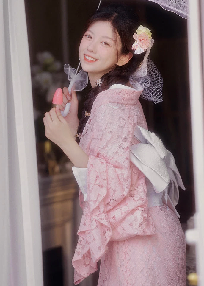 Women's Modern Hanfu 3-Piece Lace Kimono Set Sakura Pink Polyester| HANFUBAO