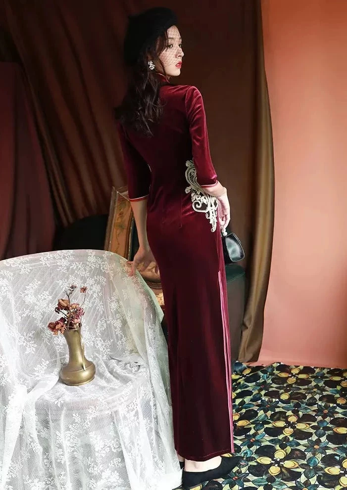 Women's Velvet Qipao Dress Burgundy High Slit| HANFUBAO
