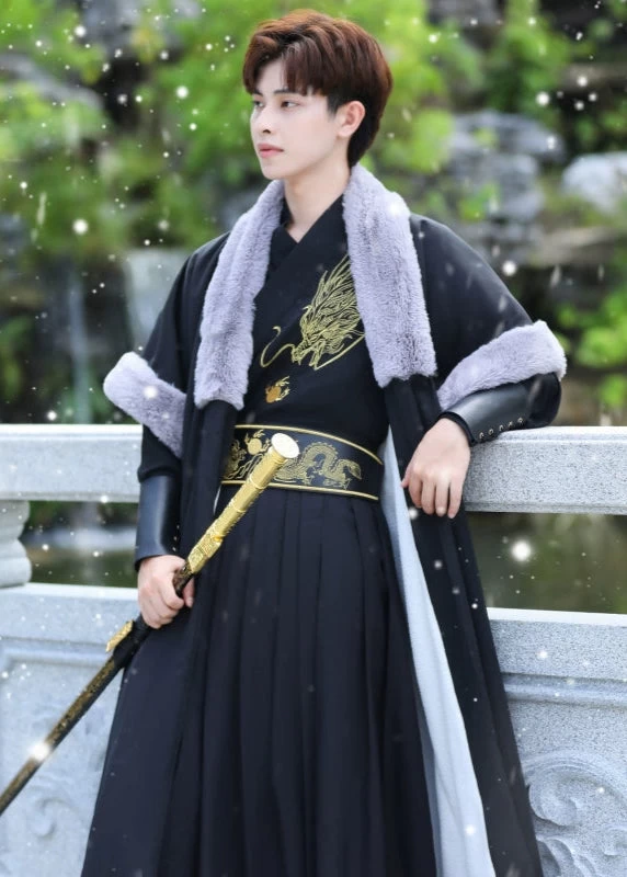 Men's 5-Piece Daily Hanfu Set Black Dragon Embroidered Plus Size| HANFUBAO