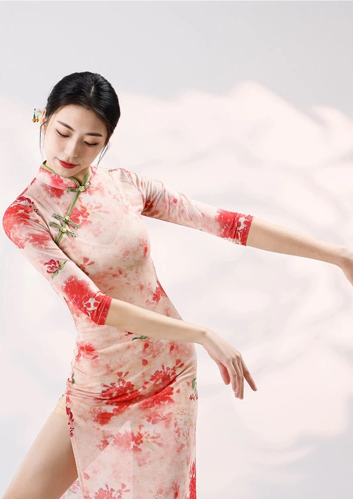 Women Modern Hanfu Stretch Dance Dress Set Rose Deer Print| HANFUBAO