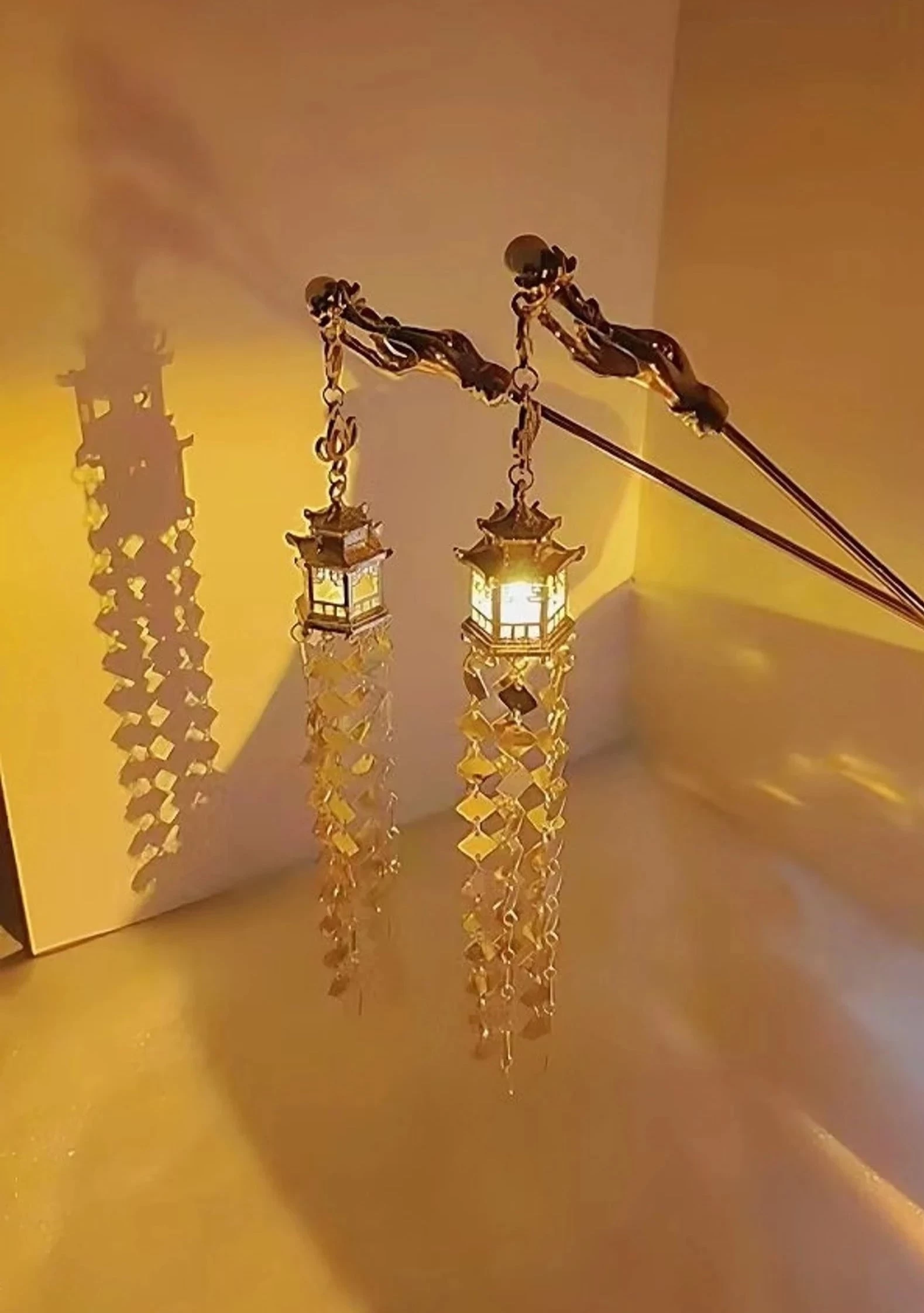 Women Pavilion Lantern Tassel Hairpin Gold Faux Pearl Metal| HANFUBAO