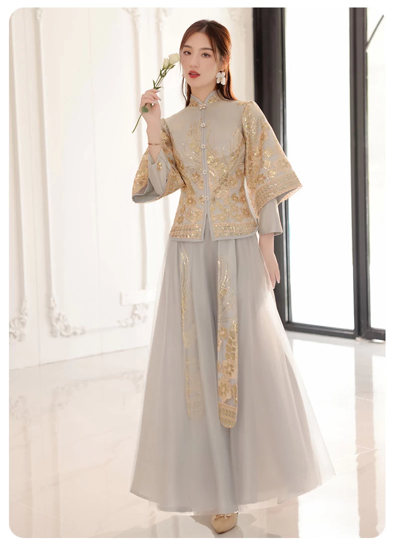 Women Chinese Style Hanfu Dress Set Gray  Bridal Party | HANFUBAO
