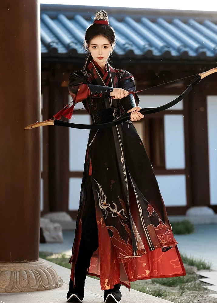 Unisex 6-Piece Daily Hanfu Set Red Print  Plus Size | HANFUBAO