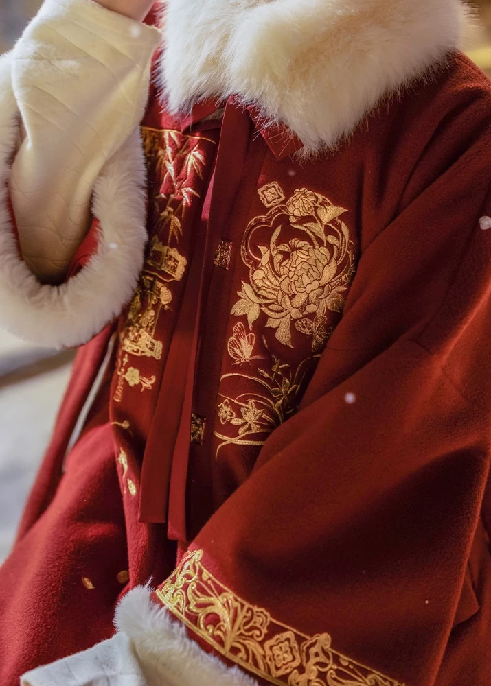 Mirelia | Women  Modern Hanfu Dress Set Fur Collar Floral Red XS-XL