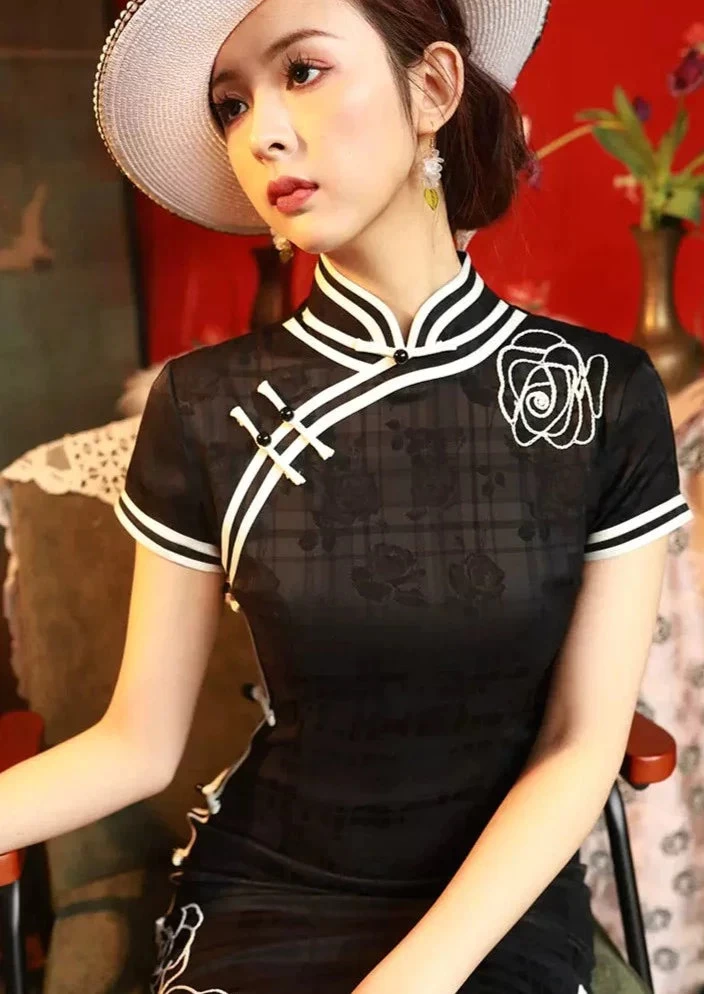 Women’s Acetate Jacquard Black Rose Qipao Dress, High Slit| HANFUBAO
