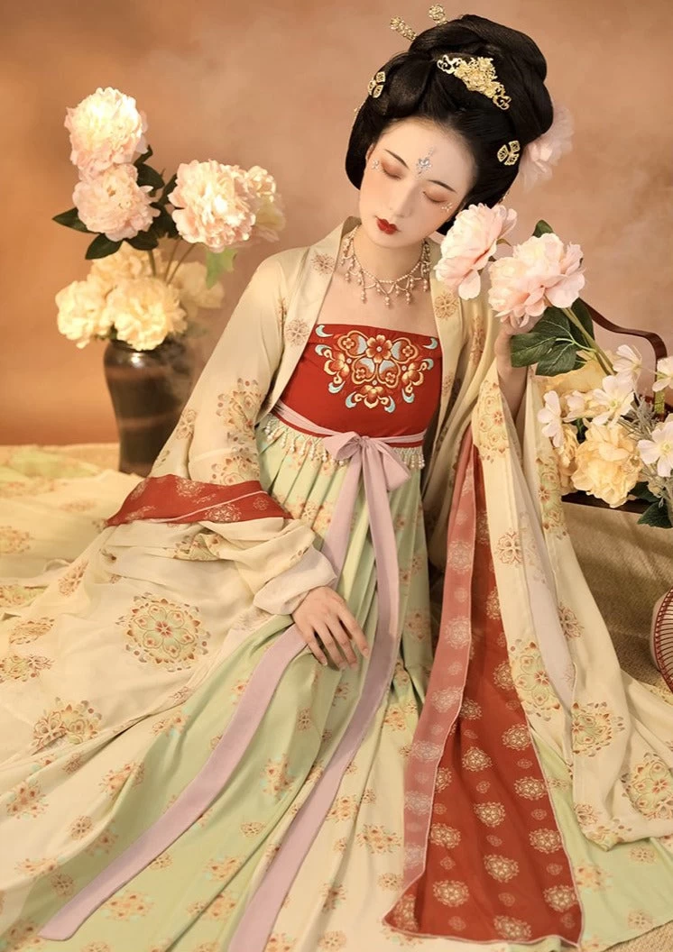 Women’s Modern Chiffon Daily Hanfu Set Tang Yellow Vintage Flower | HANFUBAO