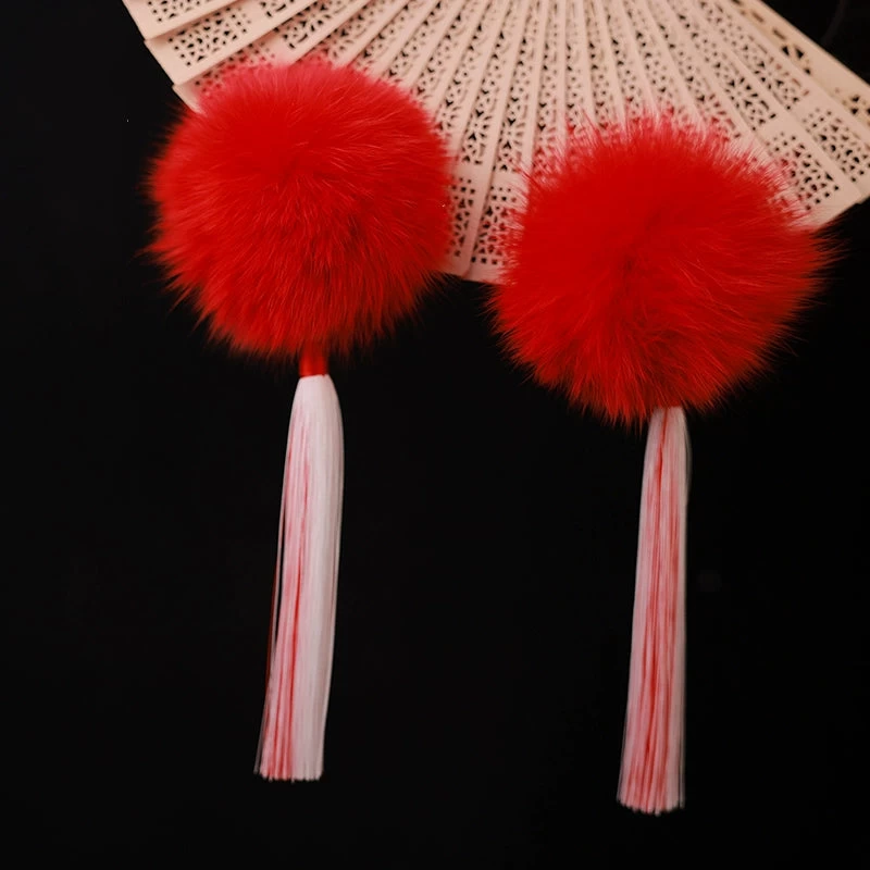 Women Fox Fur Hanfu Hair Pom Poms Snow White Set of 6 | HANFUBAO
