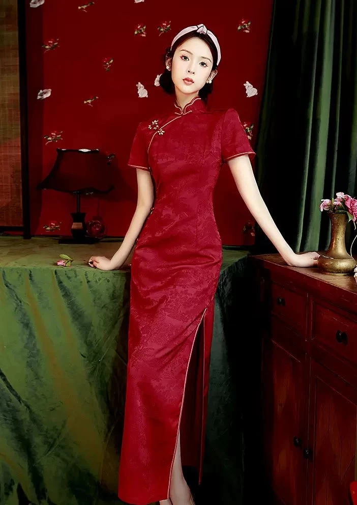 Women’s Acetate Satin Modern Hanfu Qipao Dress Wine Red | HANFUBAO