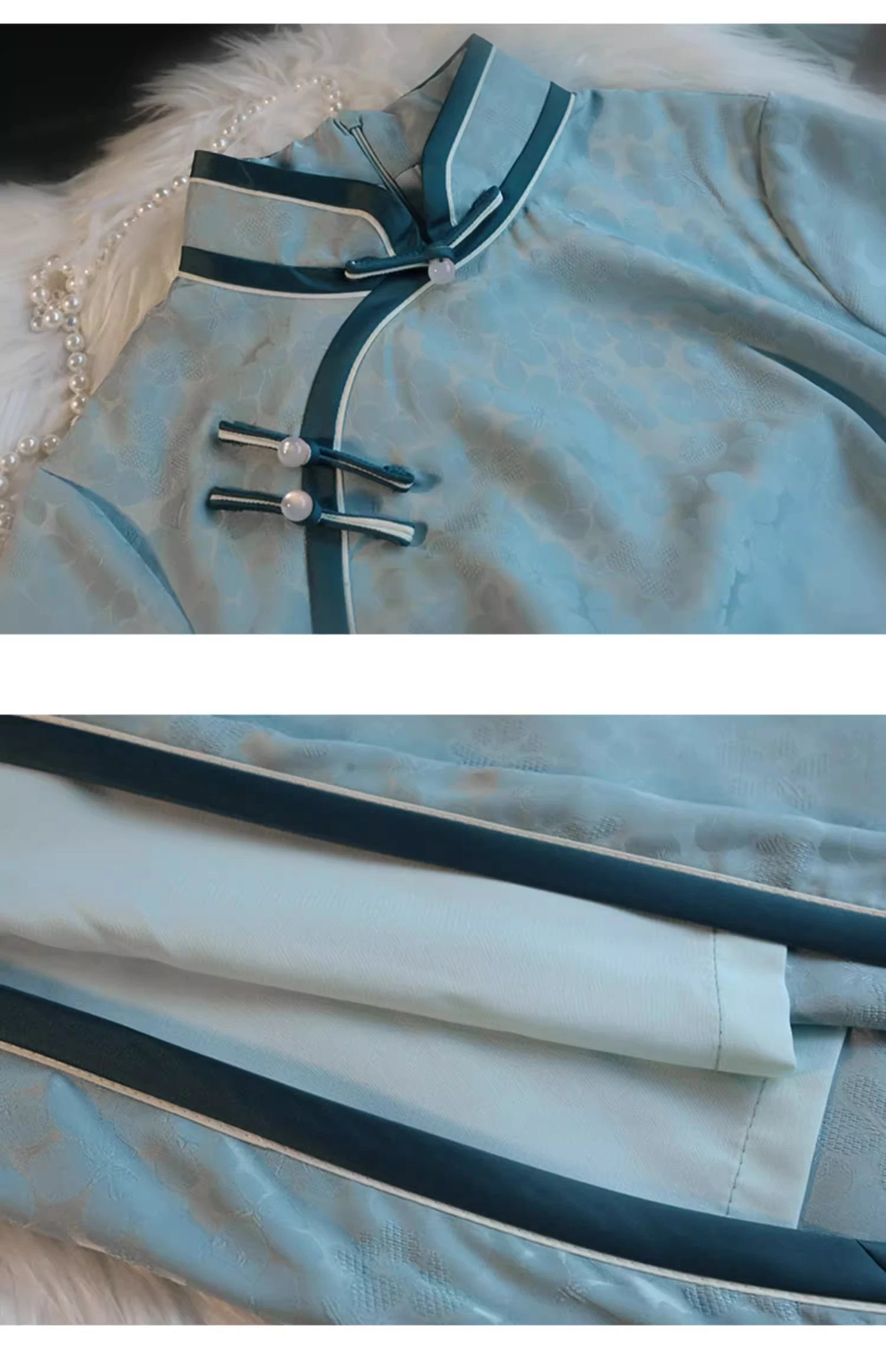 Women’s Satin Qipao Dress Blue Floral High Slit Evening Party | HANFUBAO