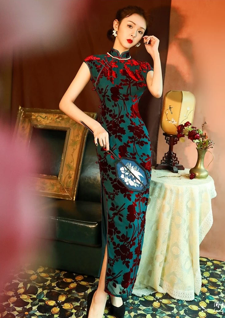 Women Vintage Navy Velvet Qipao Cheongsam High Slit Evening| HANFUBAO