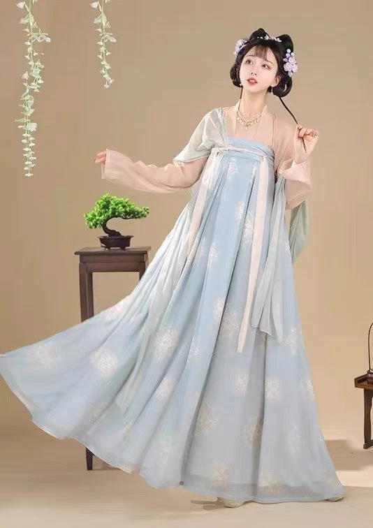 Women Tang Dynasty Daily Hanfu Set Chiffon Floral Plus Size | HANFUBAO