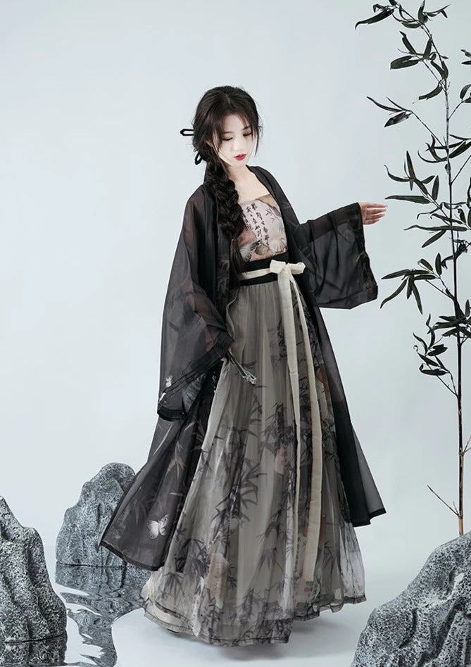Women’s Daily Hanfu 3-Piece Set Bamboo Pattern Skirt & Coverup | HANFUBAO