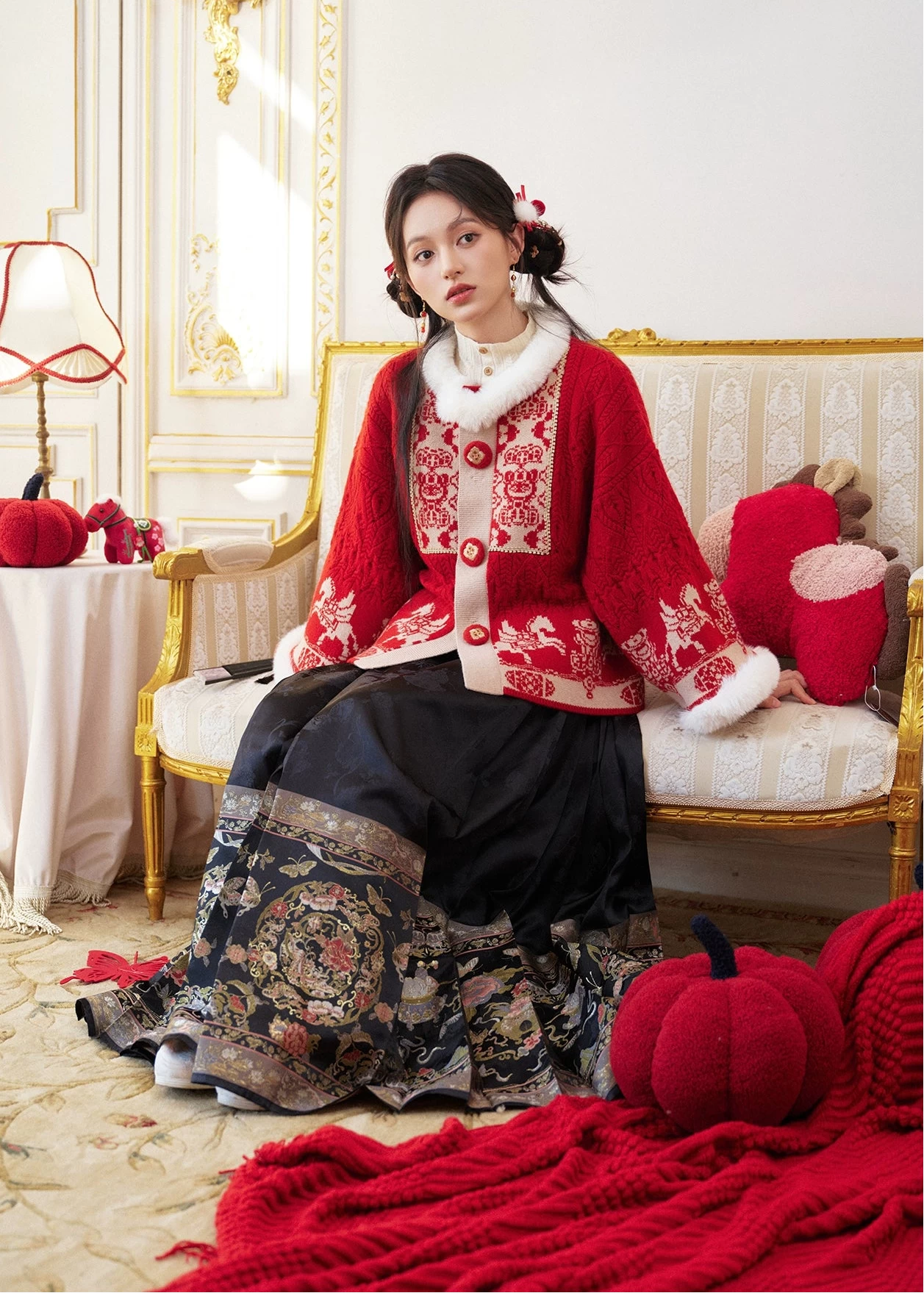 HANFUBAO | Women Acrylic Modern Hanfu Knit 3pc Set Festive Red Embroidery S-L