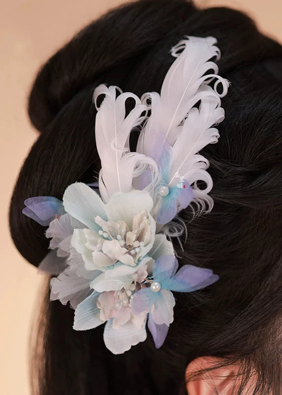 Women Hanfu Feather Flower Goddess Hairpins Pair Yarn Faux Pearls 9cm | HANFUBAO
