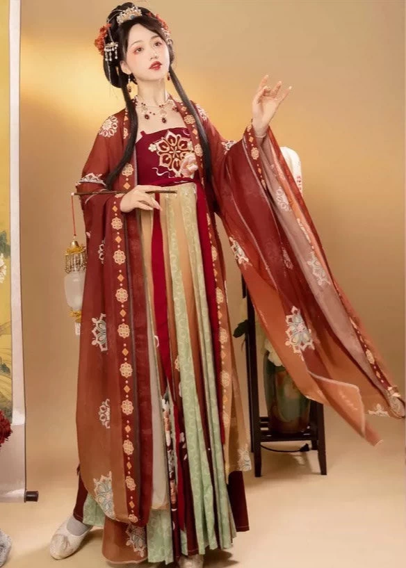 Women’s Plus Size 3-Piece Chiffon Daily Hanfu Set in Crimson Glow | HANFUBAO